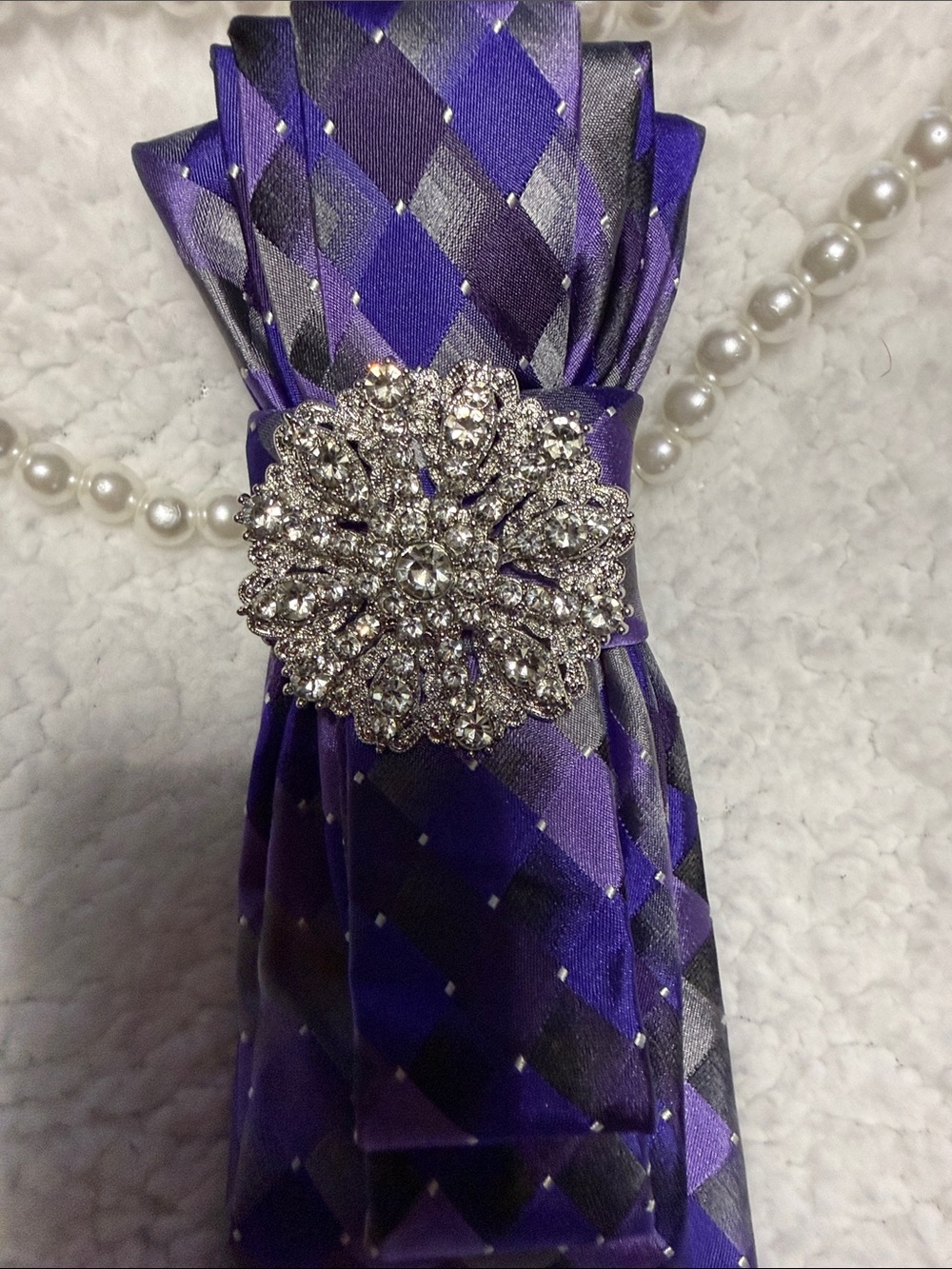 Purple and Silver Diamond-Patterned Tie Necklace with Rhinestone Accents - Picture 2 of 3